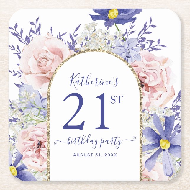 Pink Purple Floral God Frame 21st Birthday Party Square Paper Coaster (Front)
