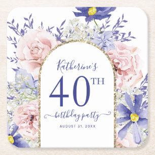 Pink Purple Floral God Frame 40th Birthday Party Square Paper Coaster