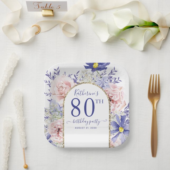 Pink Purple Floral God Frame 80th Birthday Party Paper Plate (Wedding)