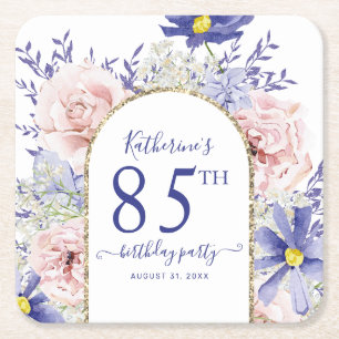 Pink Purple Floral God Frame 85th Birthday Party Square Paper Coaster