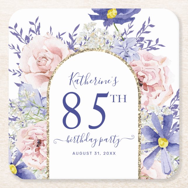 Pink Purple Floral God Frame 85th Birthday Party Square Paper Coaster (Front)