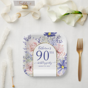 Pink Purple Floral God Frame 90th Birthday Party Paper Plate