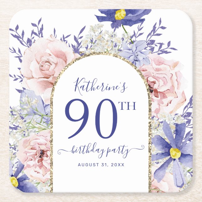 Pink Purple Floral God Frame 90th Birthday Party Square Paper Coaster (Front)