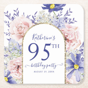 Pink Purple Floral God Frame 95th Birthday Party Square Paper Coaster
