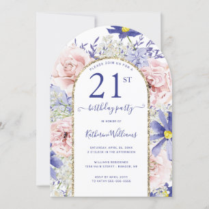 Pink Purple Floral Gold Arch 21st Birthday Party Invitation