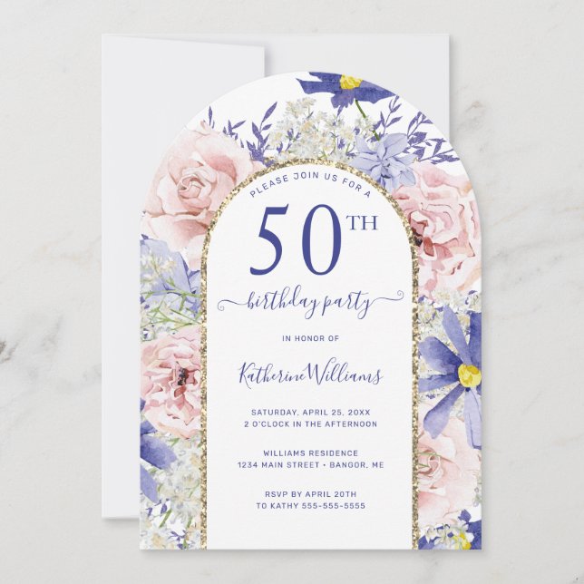 Pink Purple Floral Gold Arch 50th Birthday Party Invitation (Front)