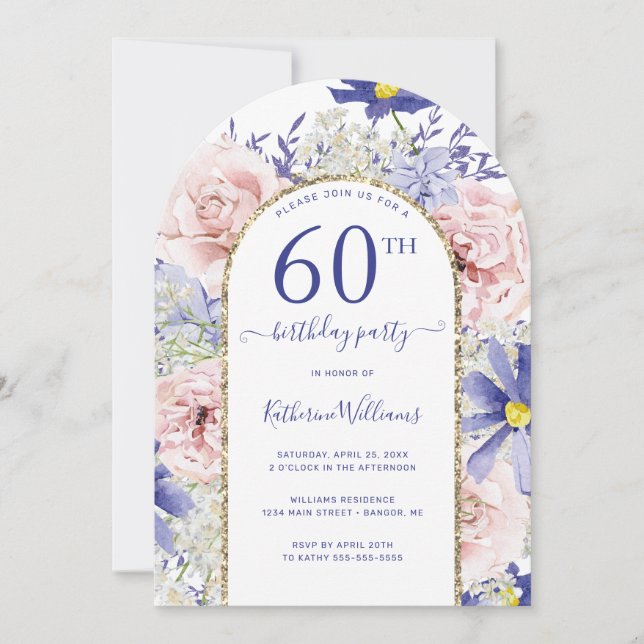 Pink Purple Floral Gold Arch 60th Birthday Party Invitation (Front)