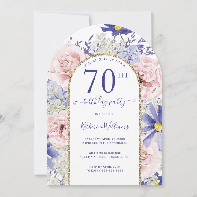Pink Purple Floral Gold Arch 70th Birthday Party Invitation (Front)