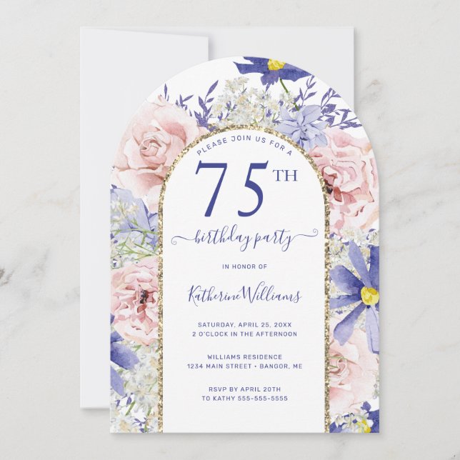 Pink Purple Floral Gold Arch 75th Birthday Party Invitation (Front)