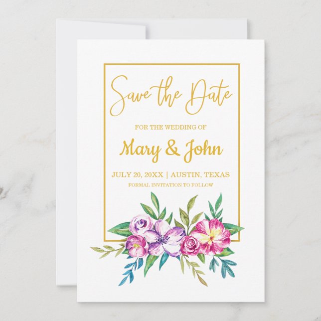 Pink Purple Floral Gold Frame Save The Date Card (Front)