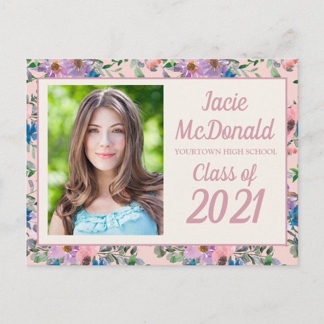 Pink Purple Floral Graduation Photo Class of 2021 Announcement Postcard (Front)