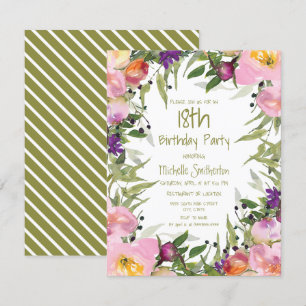 Pink Purple Floral Green Leaves 18th Birthday Card