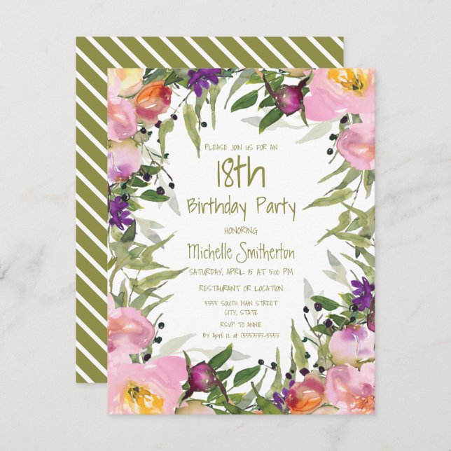 Pink Purple Floral Green Leaves 18th Birthday Card (Front/Back)