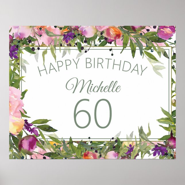 Pink Purple Floral Green Leaves 60th Birthday Poster (Front)