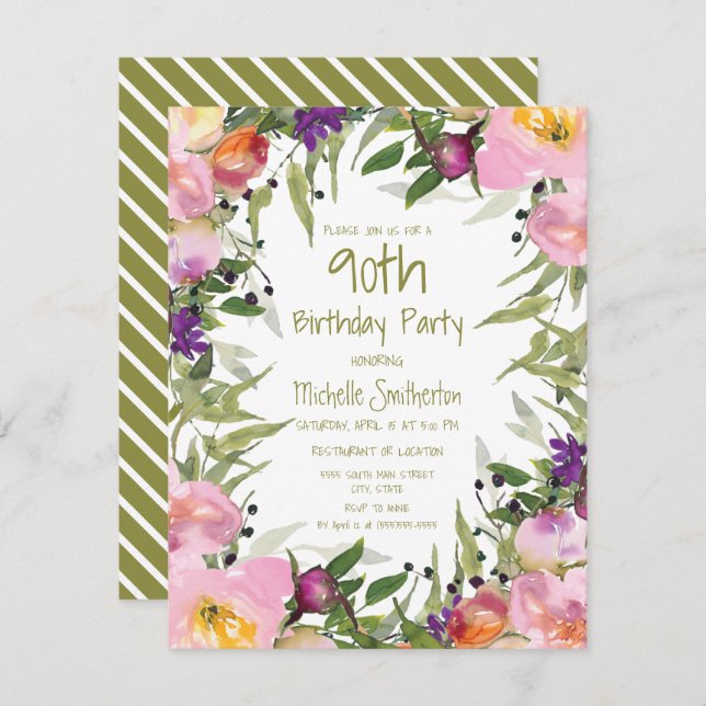 Pink Purple Floral Green Leaves 90th Birthday Card (Front/Back)