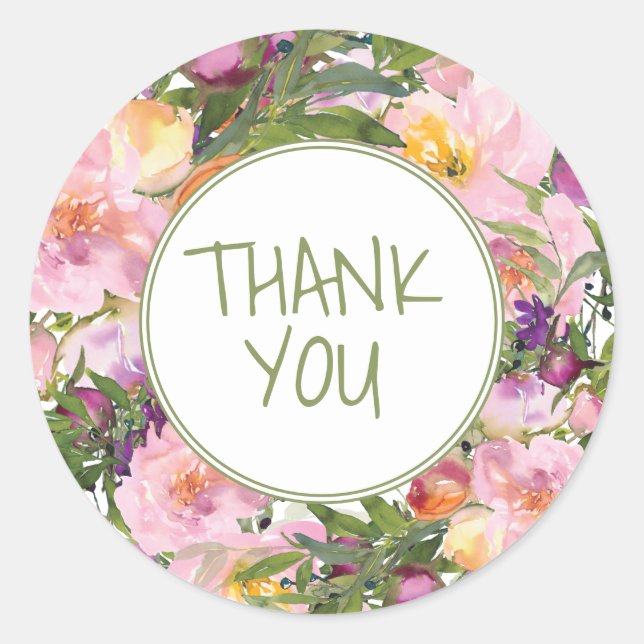 Pink Purple Floral Green Leaves Thank You Classic Round Sticker (Front)