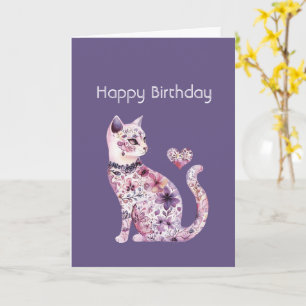 Pink Purple Floral Heart Cat Birthday Card