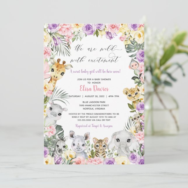 Pink Purple Floral Jungle Animals Girl Baby Shower Invitation (Standing Front)