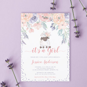 Pink Purple Floral Lamb Girl Baby Shower Invitation