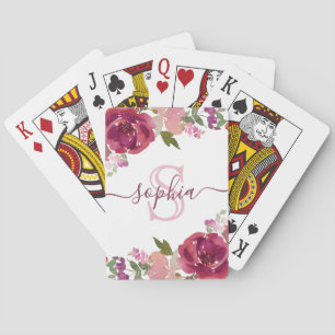 Pink Purple Floral Monogrammed Script Name Playing Cards