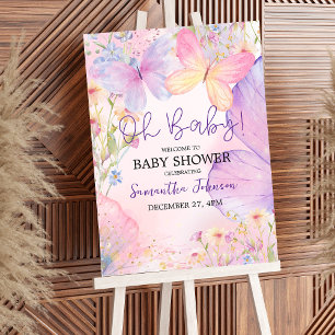 Pink Purple Floral Oh Baby Butterfly Baby shower Poster