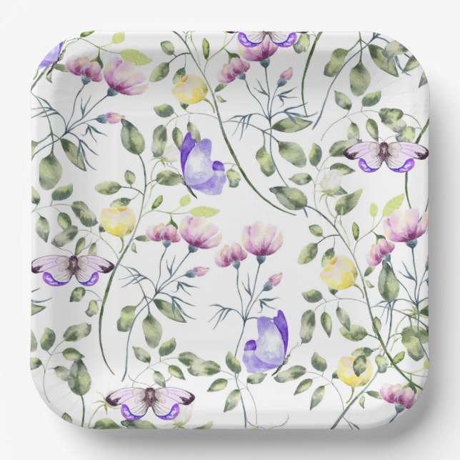 Pink Purple Floral Paper Plate (Front)