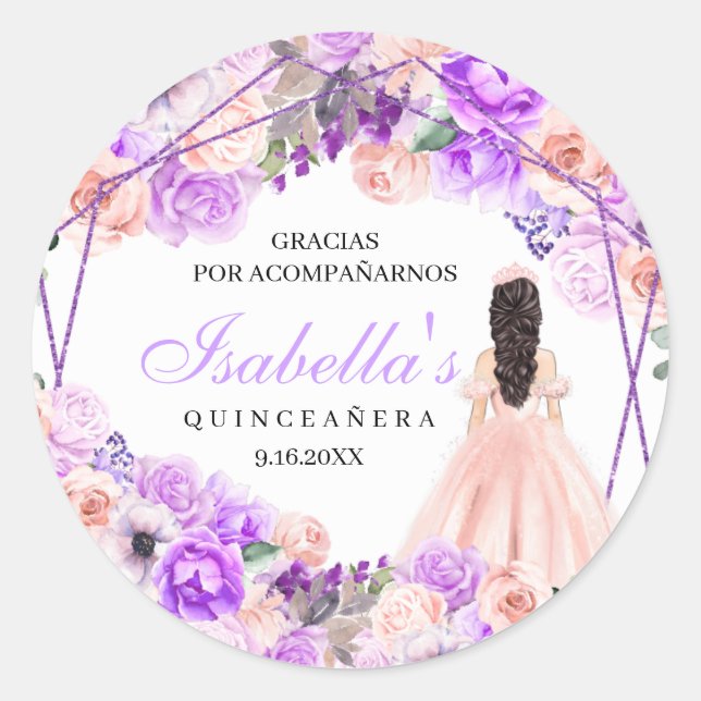 Pink & Purple Floral Quinceanera Classic Round Sticker (Front)