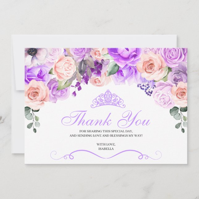 Pink & Purple Floral Quinceanera Thank You  Card (Front)
