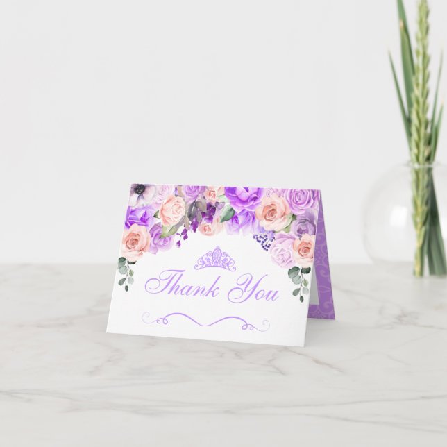 Pink & Purple Floral Quinceanera Thank You Invitation (Front)