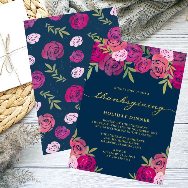 Pink Purple Floral Roses Blue Thanksgiving Dinner Invitation (Creator Uploaded)