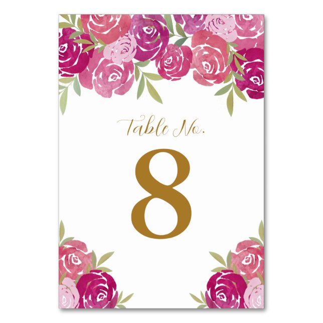 Pink & Purple Floral Roses Leaves White Wedding Table Number (Front)