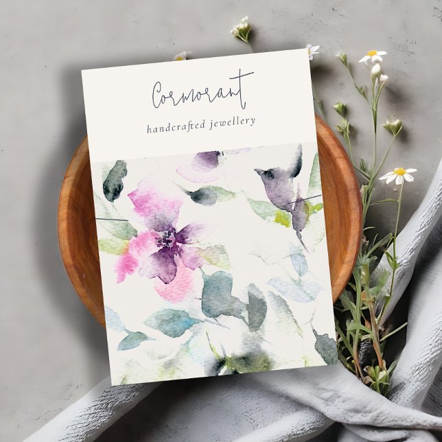 Pink Purple Floral Script Necklace Band Holder Business Card (Creator Uploaded)