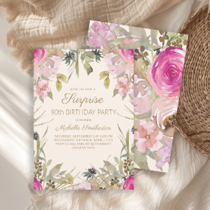 Pink Purple Floral Surprise 90th Birthday   Invita Invitation