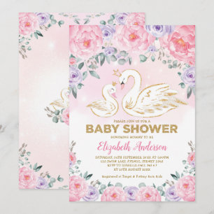 Pink Purple Floral Swan Princess Baby Shower Invitation