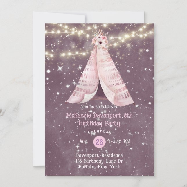 Pink Purple Floral Tee Pee Girl Birthday Party Inv Invitation (Front)