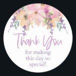 Pink Purple Floral Thank You Wedding Birthday Classic Round Sticker<br><div class="desc">Pink Purple Floral Thank You Wedding Birthday Classic Round Sticker
Share your appreciation with this pink and purple watercolor floral thank you sticker.</div>
