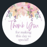 Pink Purple Floral Thank You Wedding Birthday Classic Round Sticker<br><div class="desc">Pink Purple Floral Thank You Wedding Birthday Classic Round Sticker
Share your appreciation with this pink and purple watercolor floral thank you sticker.</div>
