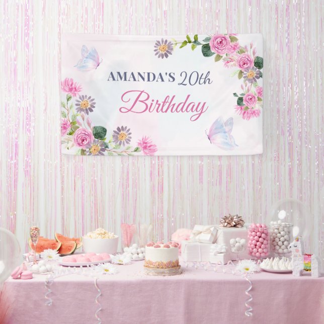 Pink purple floral watercolor butterfly banner (Party)