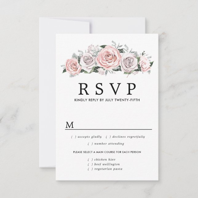 Pink Purple Floral Wedding RSVP Card, Meal Options (Front)