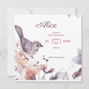 Pink Purple floral with Birds baby shower Invitat