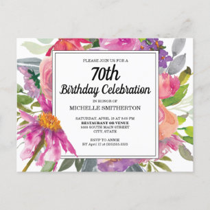 Pink Purple Floral Women's 70th Birthday Invitation Postcard