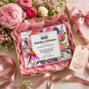 Pink Purple Floral Women's 90th Birthday Invitation