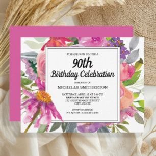 Pink Purple Floral Women's 90th Birthday Invitation