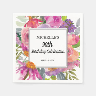 Pink Purple Floral Women's 90th Birthday Napkin