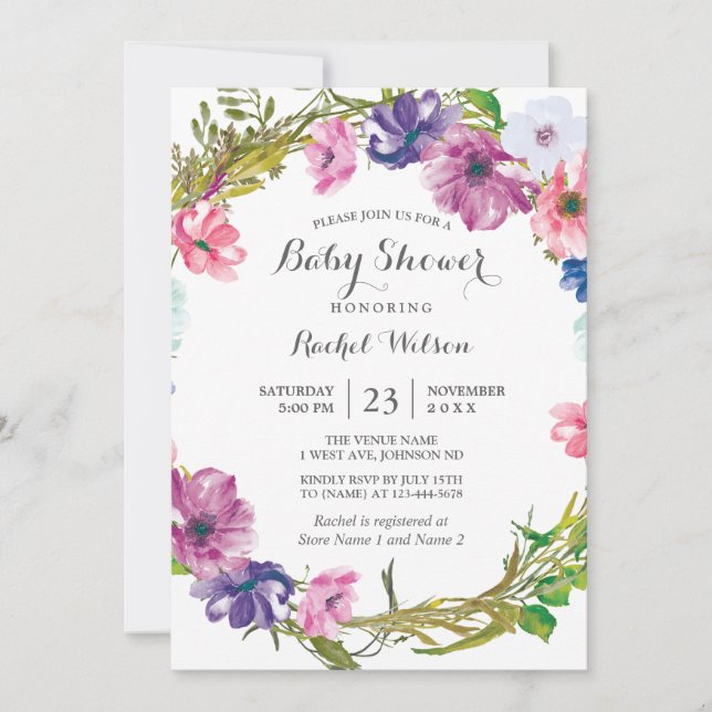 Pink Purple Floral Wreath Baby Shower Invitation (Front)