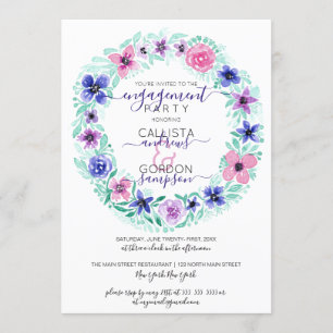 Pink Purple Floral Wreath Watercolor Engagement Invitation