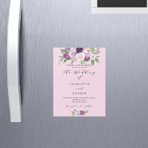 Pink purple florals greenery script luxury wedding magnetic invitation