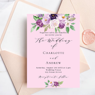 Pink purple florals greenery script wedding invitation