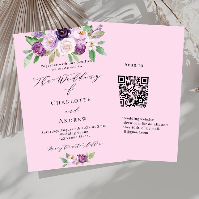 Pink purple florals QR code details RSVP wedding Invitation (Creator Uploaded)