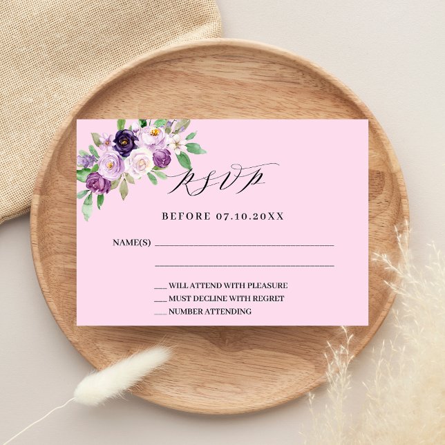 Pink purple florals wedding response RSVP Card (Creator Uploaded)